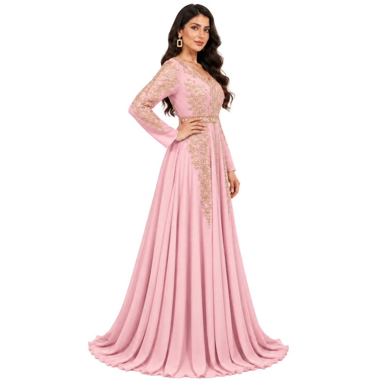Pink Gold Embroidered Bow Back Kaftan-3
