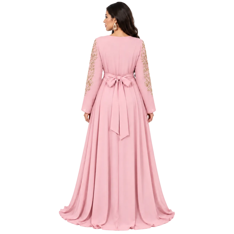Pink Gold Embroidered Bow Back Kaftan-4