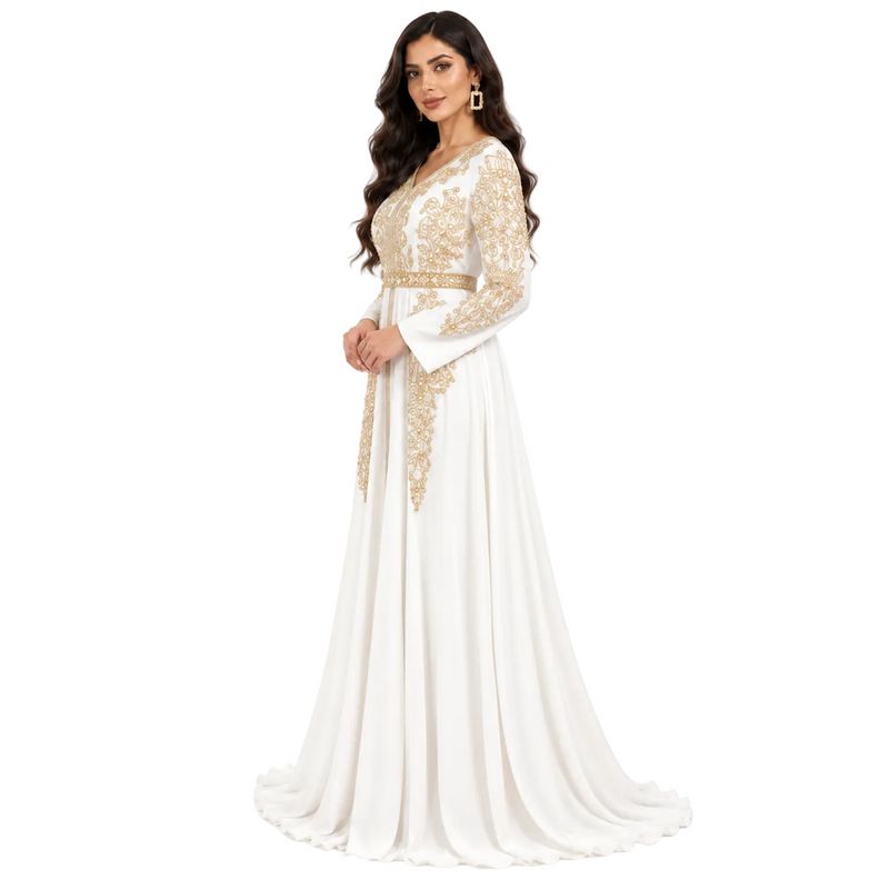 White Gold Embroidered Moroccan Luxury Kaftan-3