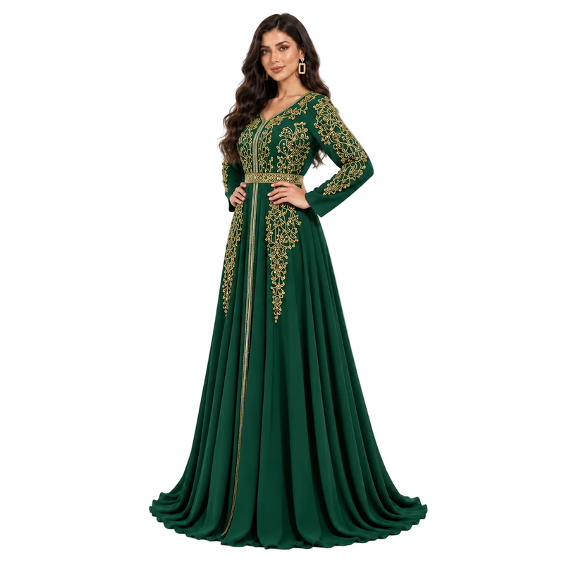 Dark Green Gold Embroidered Luxury Kaftan-2
