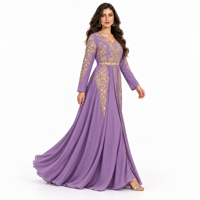 Purple Gold Embroidered Moroccan Luxury Kaftan-3