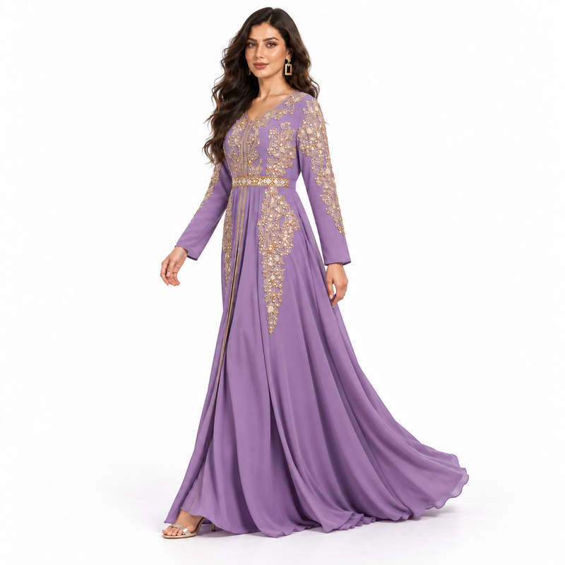 Purple Gold Embroidered Moroccan Luxury Kaftan-2