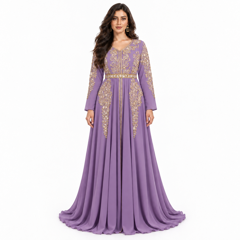 Purple Gold Embroidered Moroccan Luxury Kaftan-1