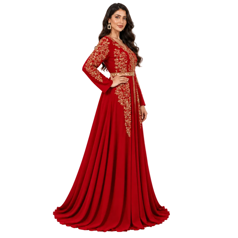 Red Gold Embroidered Bow Back Kaftan-2