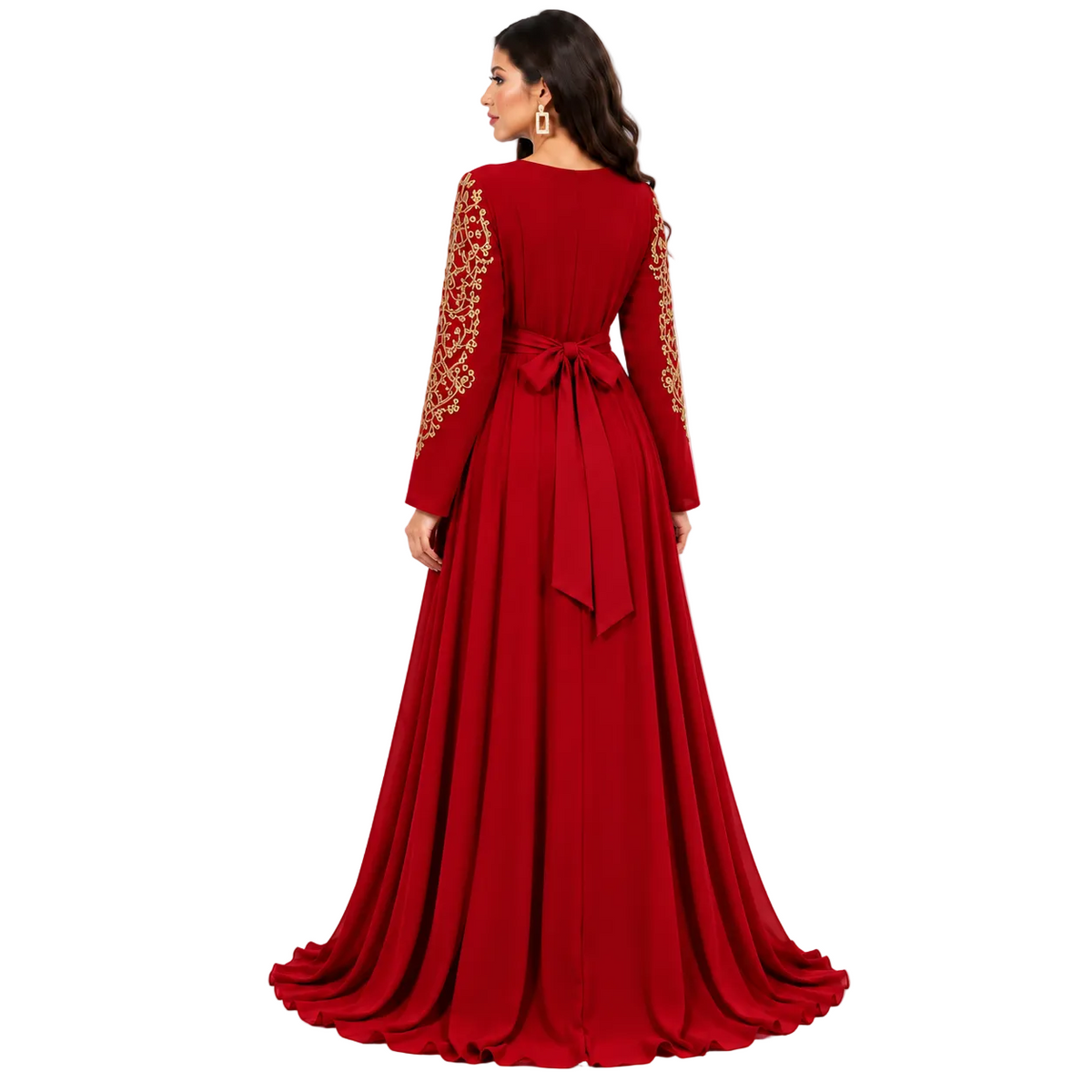 Red Gold Embroidered Bow Back Kaftan-4