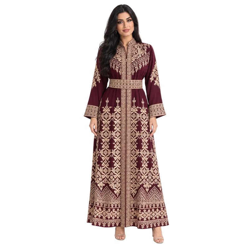Burgundy Gold Embroidered Moroccan Luxury Kaftan-1