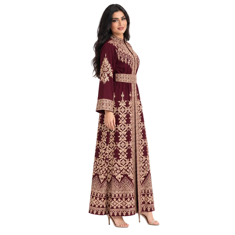 Burgundy Gold Embroidered Moroccan Luxury Kaftan-3