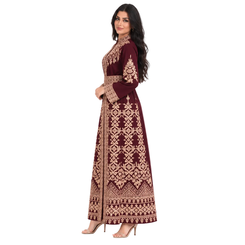 Burgundy Gold Embroidered Moroccan Luxury Kaftan-2