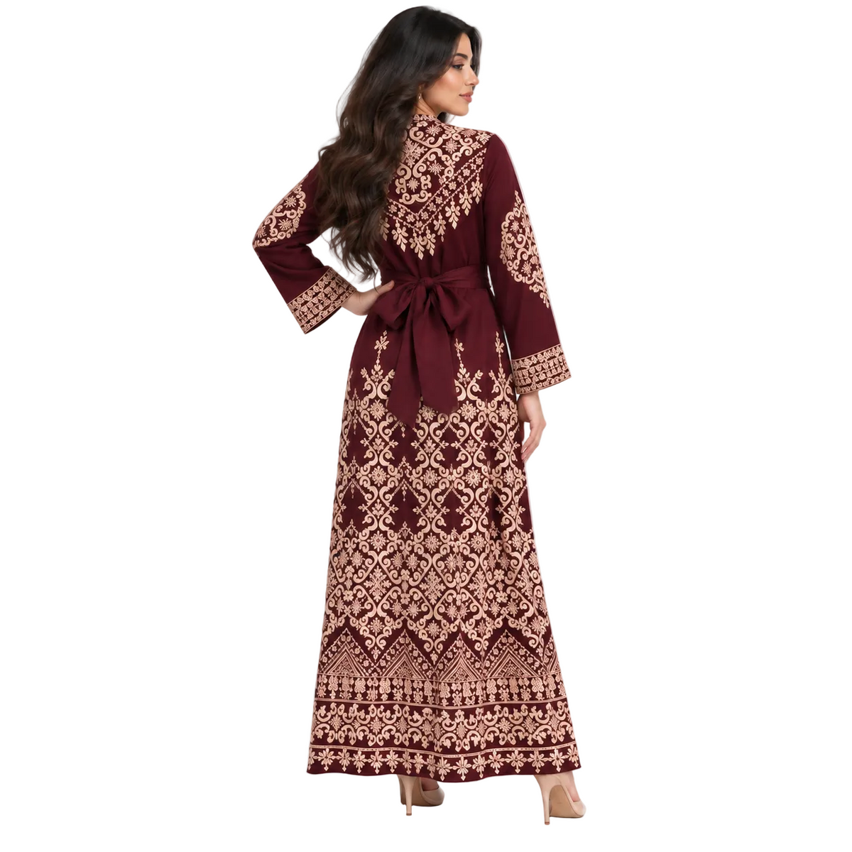Burgundy Gold Embroidered Moroccan Luxury Kaftan-4