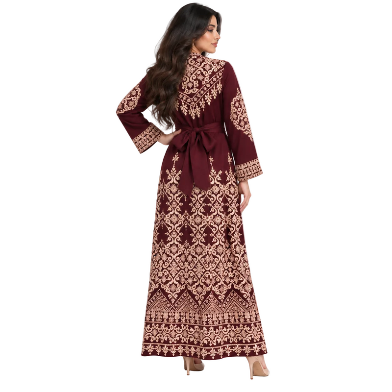 Burgundy Gold Embroidered Moroccan Luxury Kaftan-4