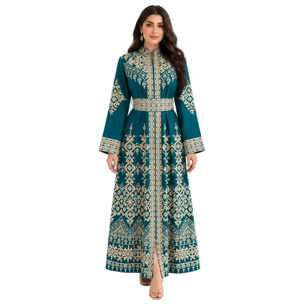 Teal Gold Embroidered Moroccan Luxury Kaftan-1