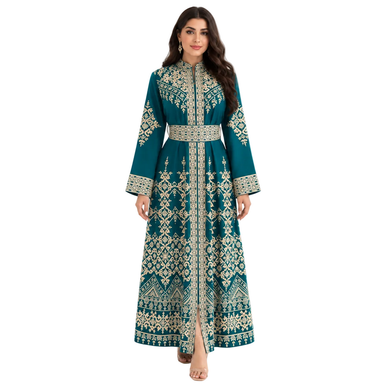 Teal Gold Embroidered Moroccan Luxury Kaftan-1