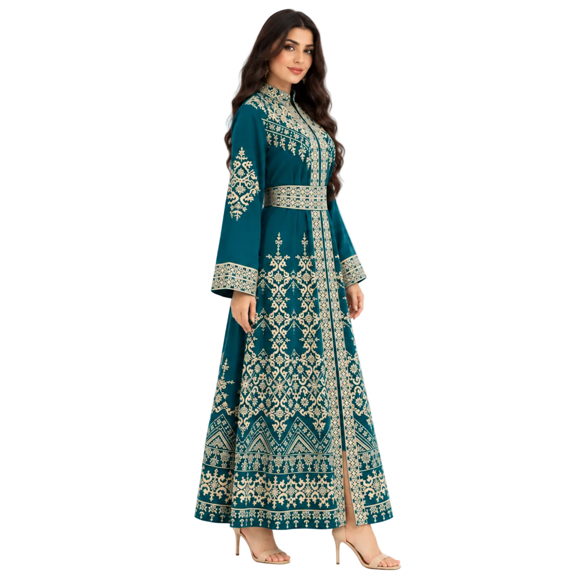 Teal Gold Embroidered Moroccan Luxury Kaftan-3