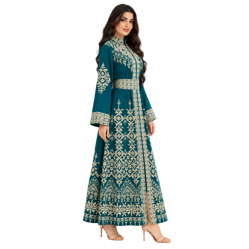 Teal Gold Embroidered Moroccan Luxury Kaftan-3