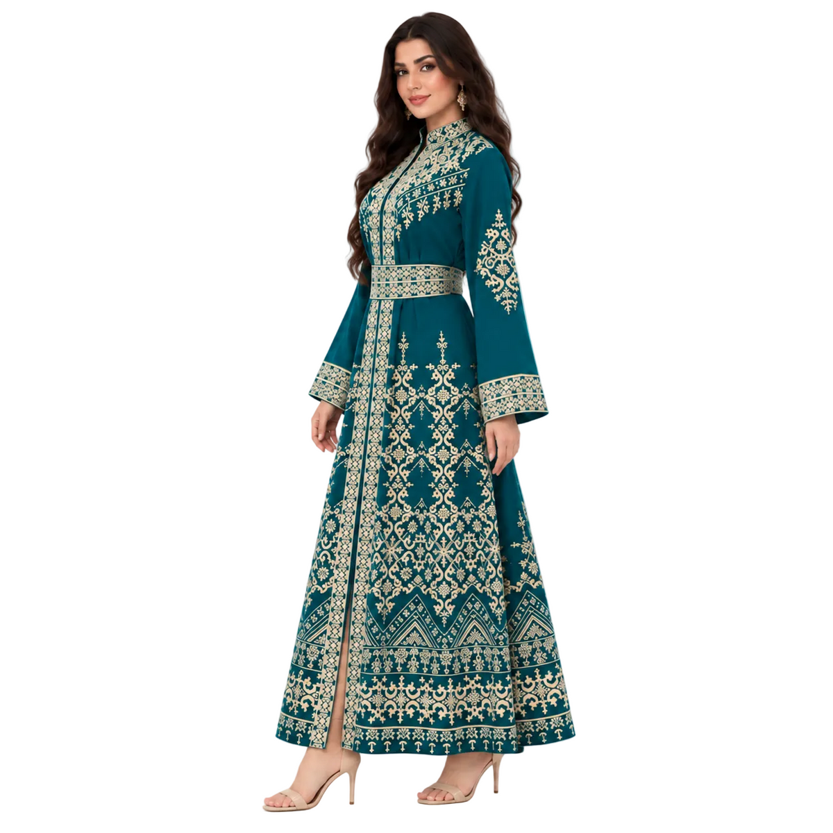 Teal Gold Embroidered Moroccan Luxury Kaftan-2