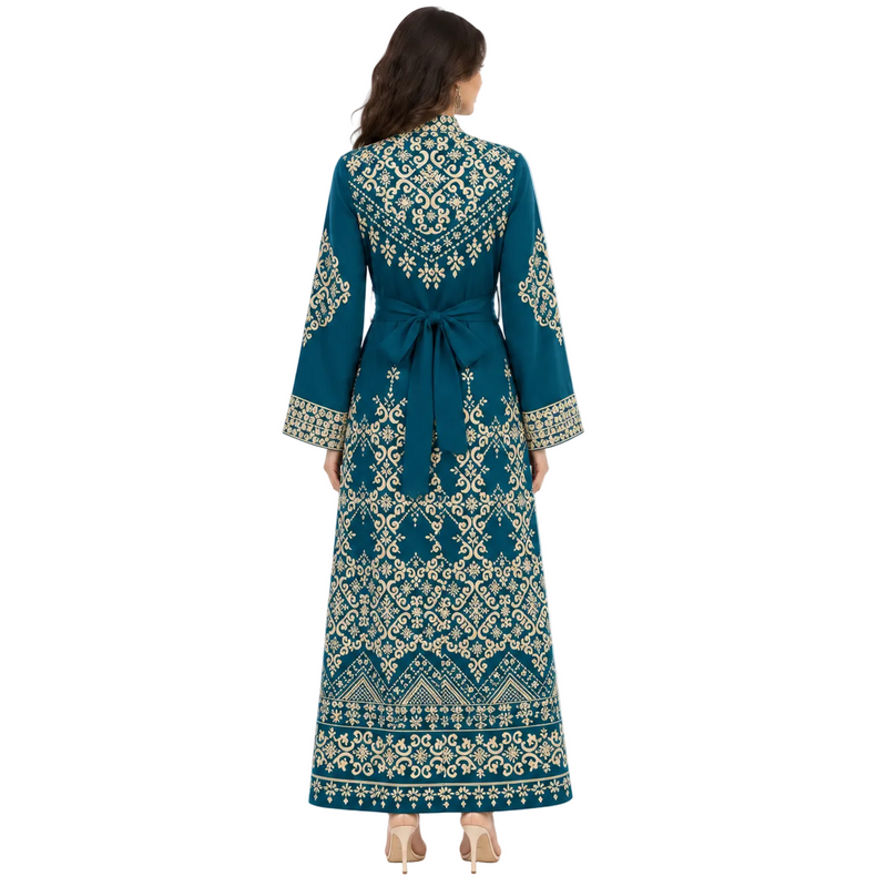 Teal Gold Embroidered Moroccan Luxury Kaftan-4