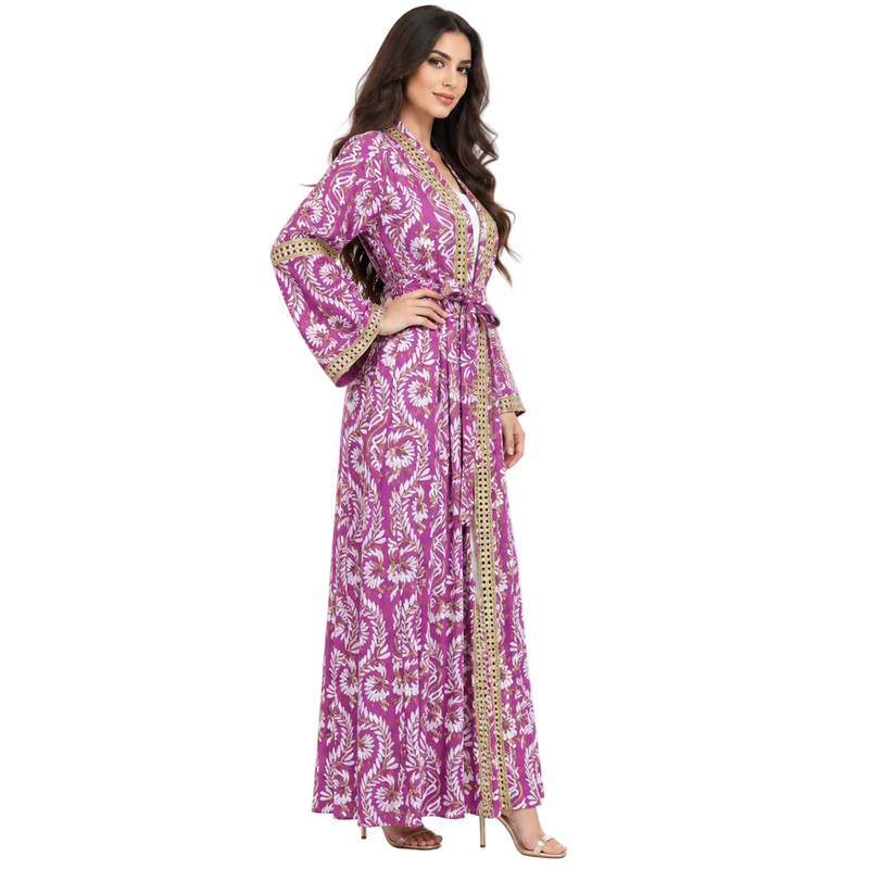 Purple Floral Gold Trim Women's Kaftan-3