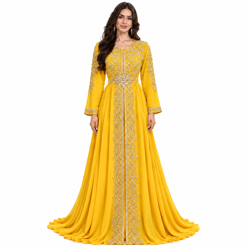 Yellow Embroidered Luxury Moroccan Kaftan Dress-1