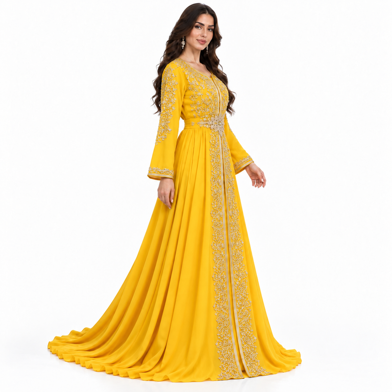 Yellow Embroidered Luxury Moroccan Kaftan Dress-3