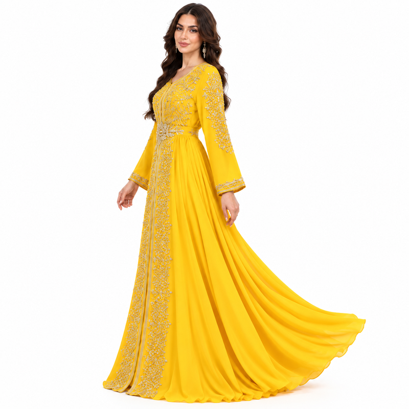 Yellow Embroidered Luxury Moroccan Kaftan Dress-2