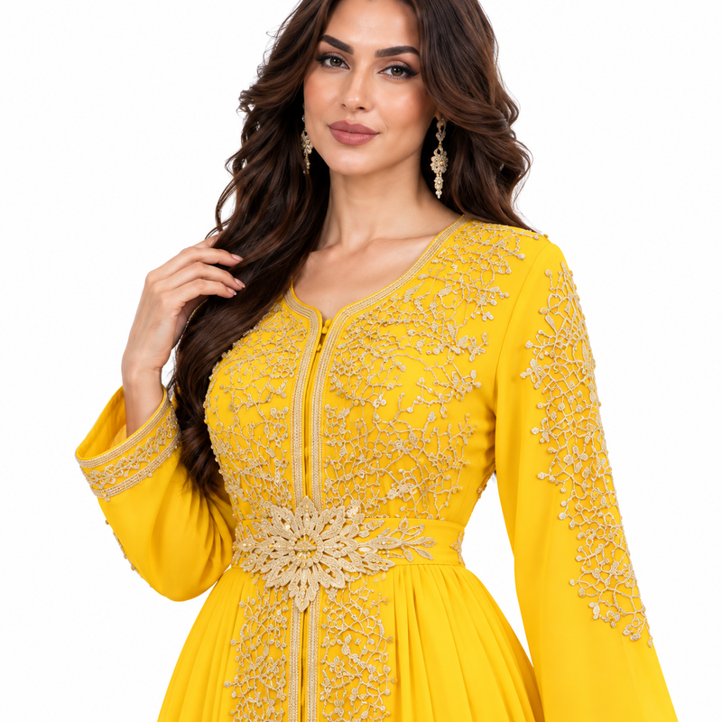 Yellow Embroidered Luxury Moroccan Kaftan Dress-4