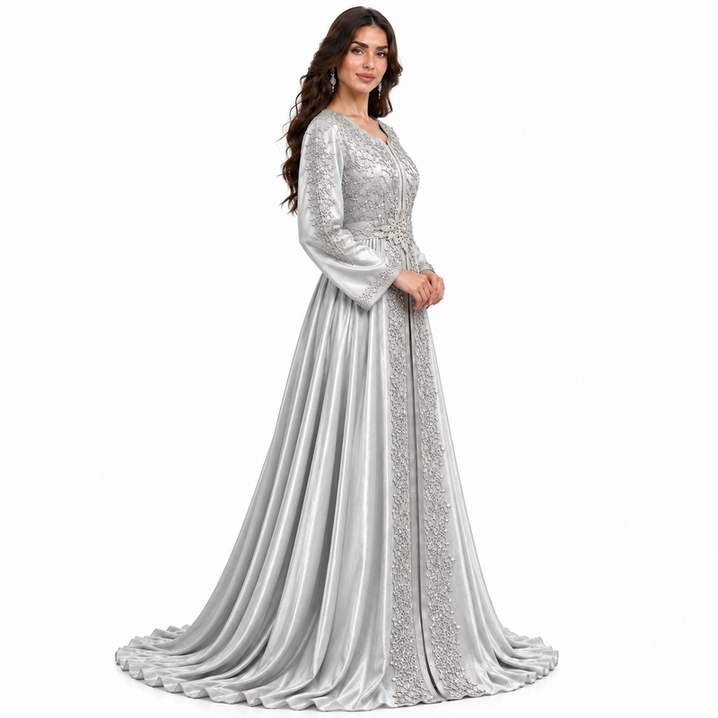 Silver Embroidered Luxury Moroccan Women’s Kaftan-3