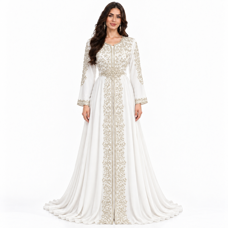 White Gold Embroidered Moroccan Luxury Kaftan-1