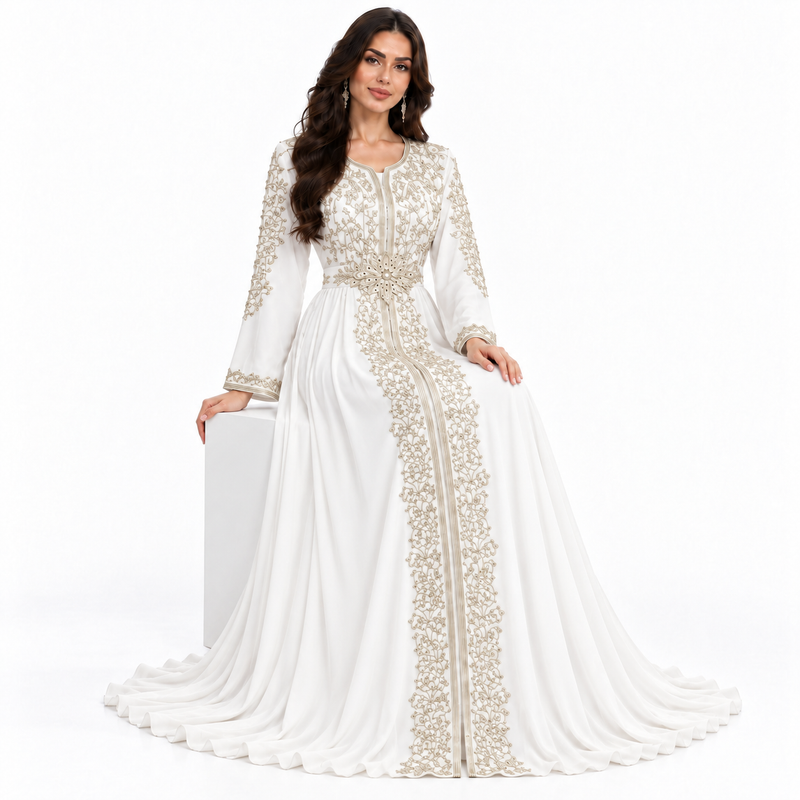 White Gold Embroidered Moroccan Luxury Kaftan-3