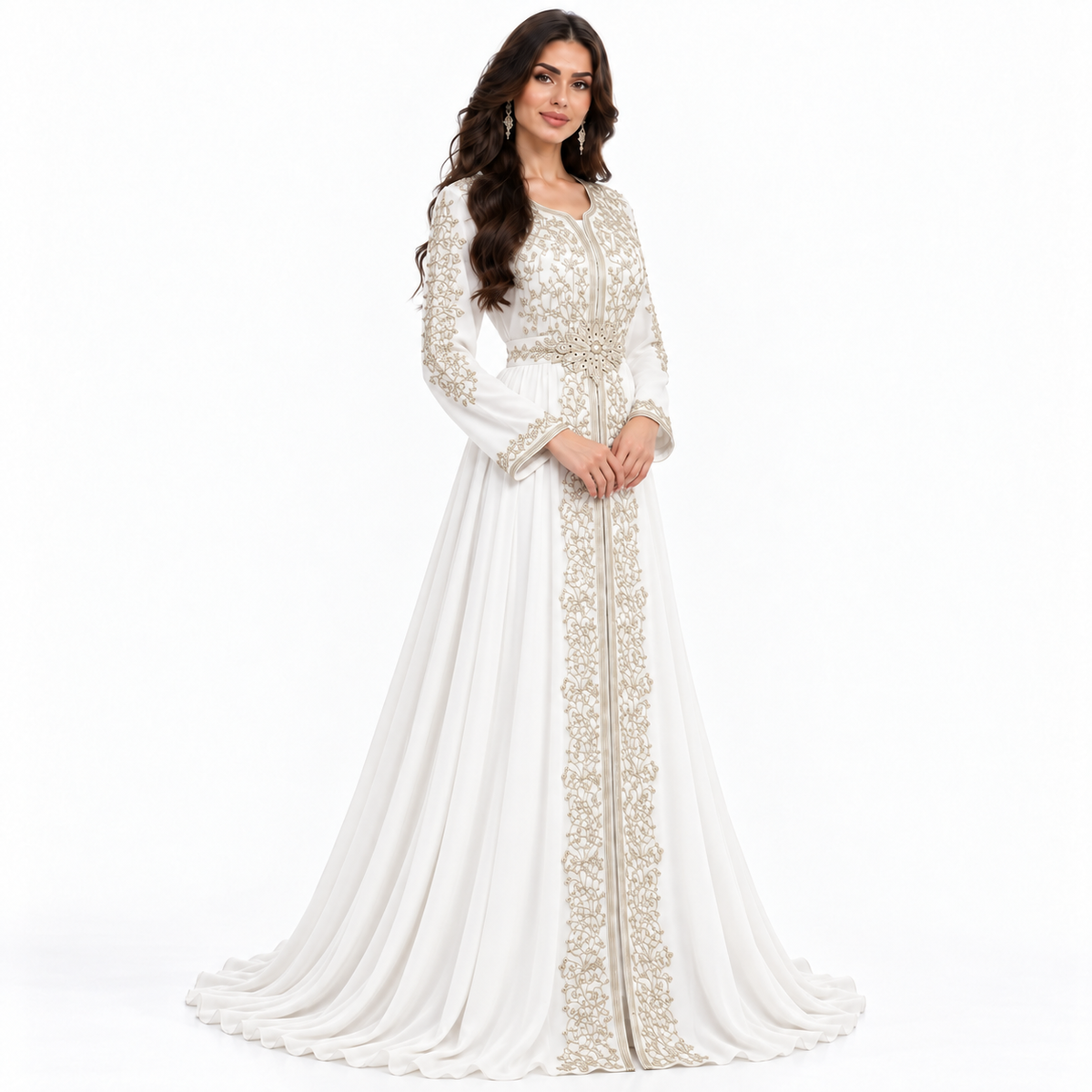 White Gold Embroidered Moroccan Luxury Kaftan-4