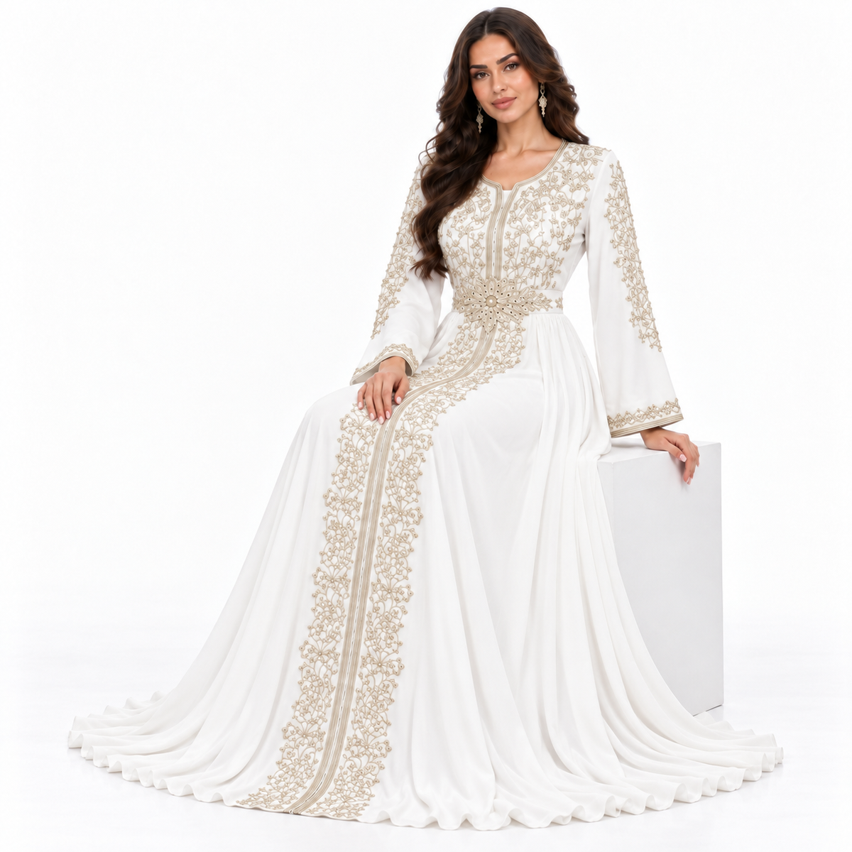 White Gold Embroidered Moroccan Luxury Kaftan-2