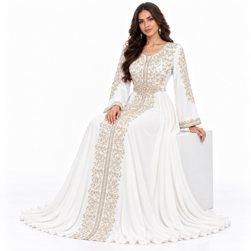 White Gold Embroidered Moroccan Luxury Kaftan-2