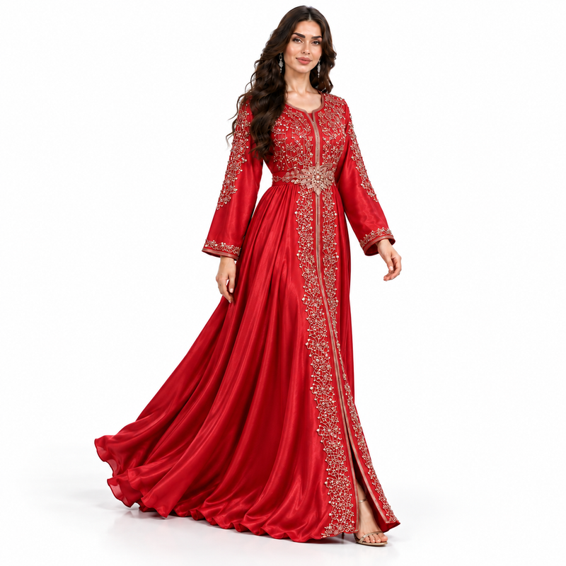 Red Gold Embroidered Luxury Moroccan Kaftan-3