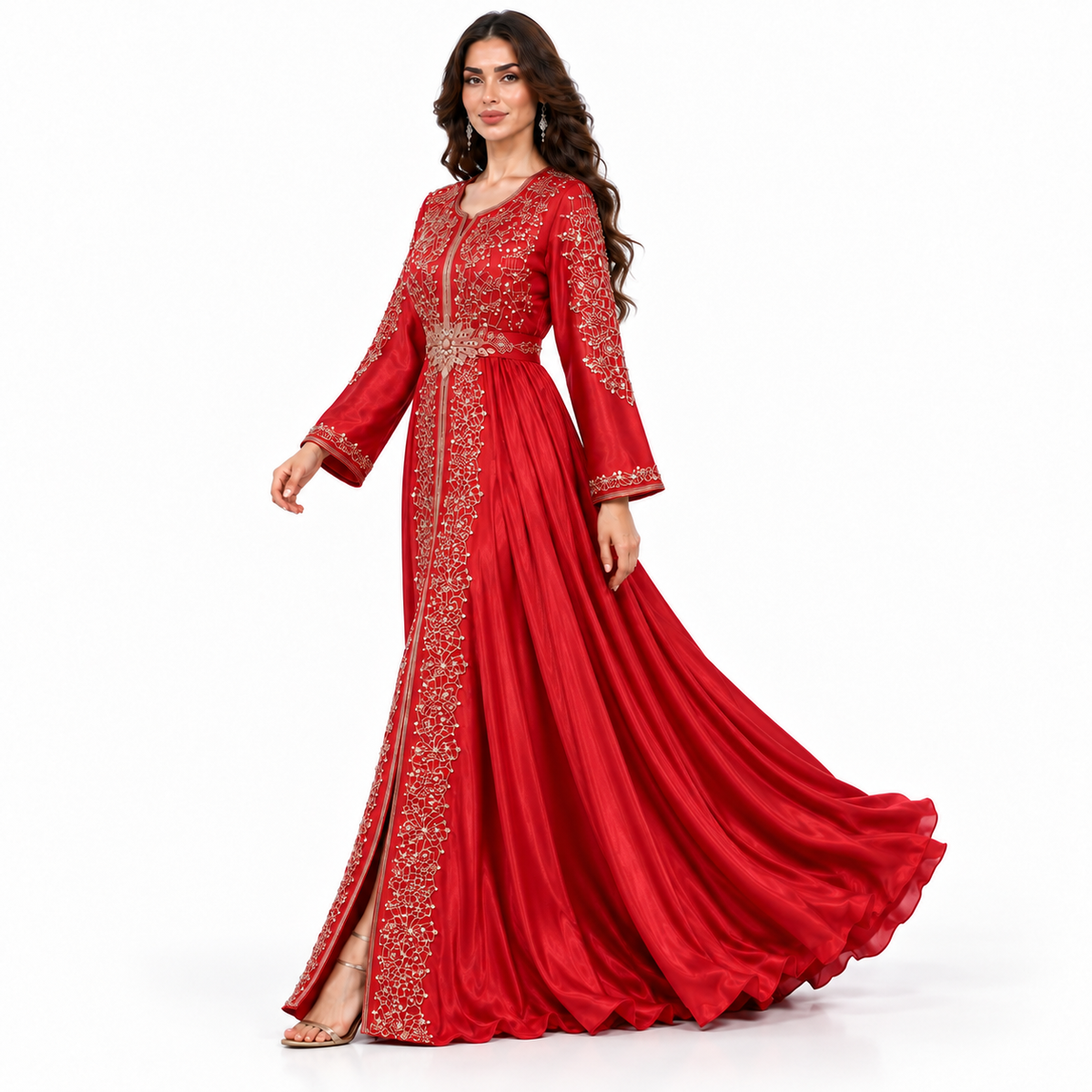 Red Gold Embroidered Luxury Moroccan Kaftan-2