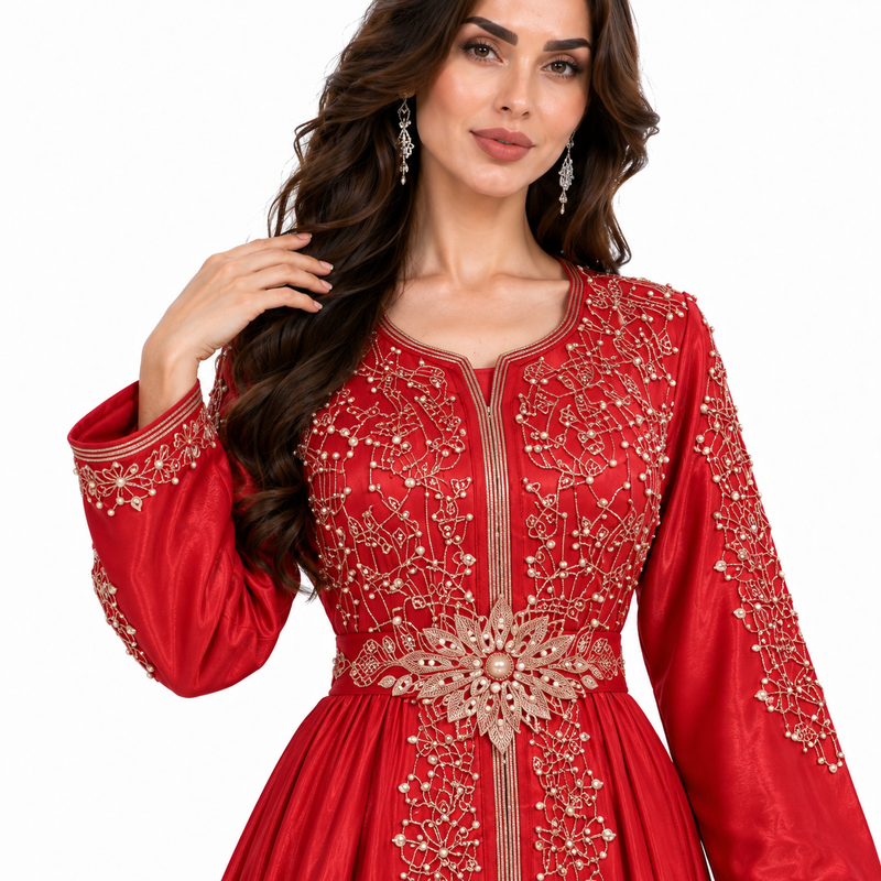 Red Gold Embroidered Luxury Moroccan Kaftan-4