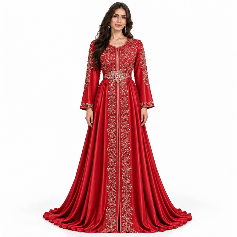 Red Gold Embroidered Luxury Moroccan Kaftan-1