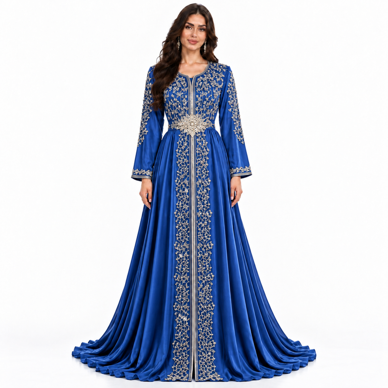 Blue Gold Embroidered Luxury Moroccan Kaftan-1