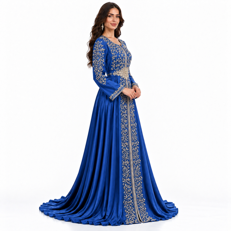 Blue Gold Embroidered Luxury Moroccan Kaftan-3