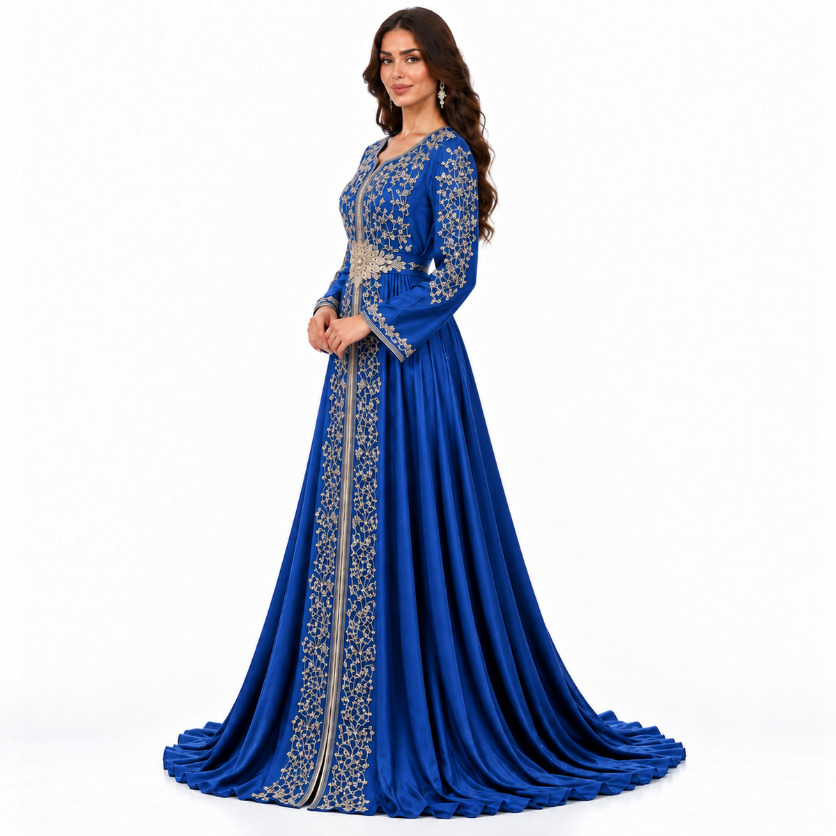 Blue Gold Embroidered Luxury Moroccan Kaftan-2