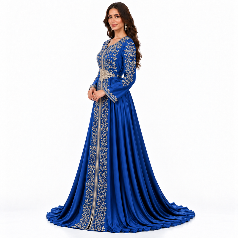 Blue Gold Embroidered Luxury Moroccan Kaftan-2