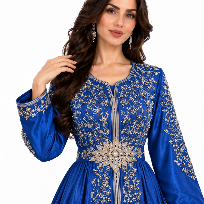 Blue Gold Embroidered Luxury Moroccan Kaftan-4