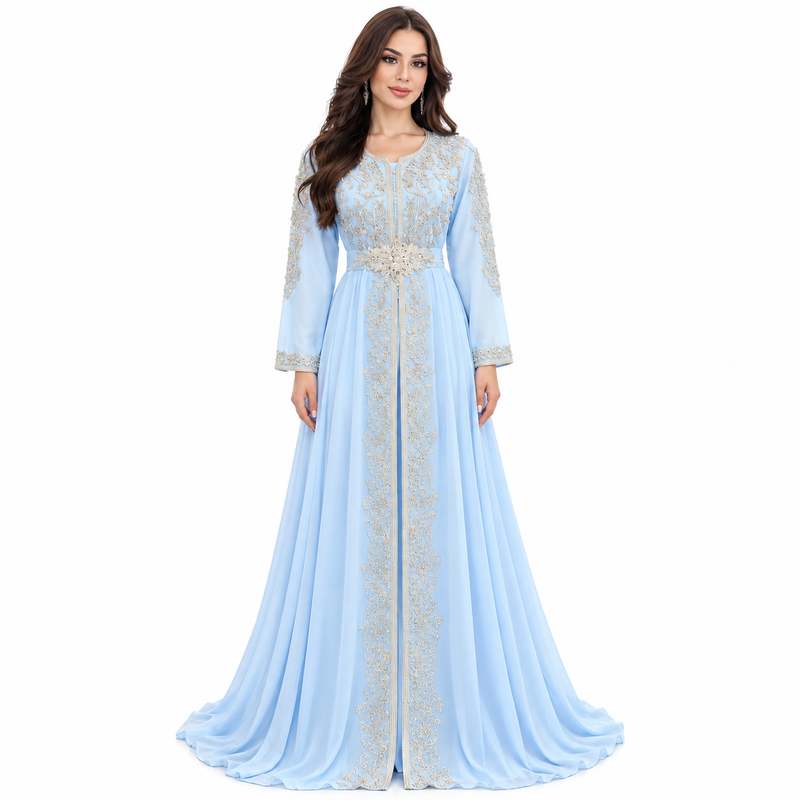 Sky Blue Embroidered Luxury Moroccan Kaftan-1