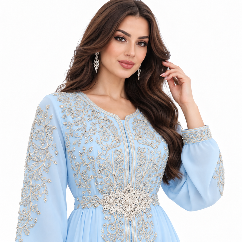 Sky Blue Embroidered Luxury Moroccan Kaftan-4