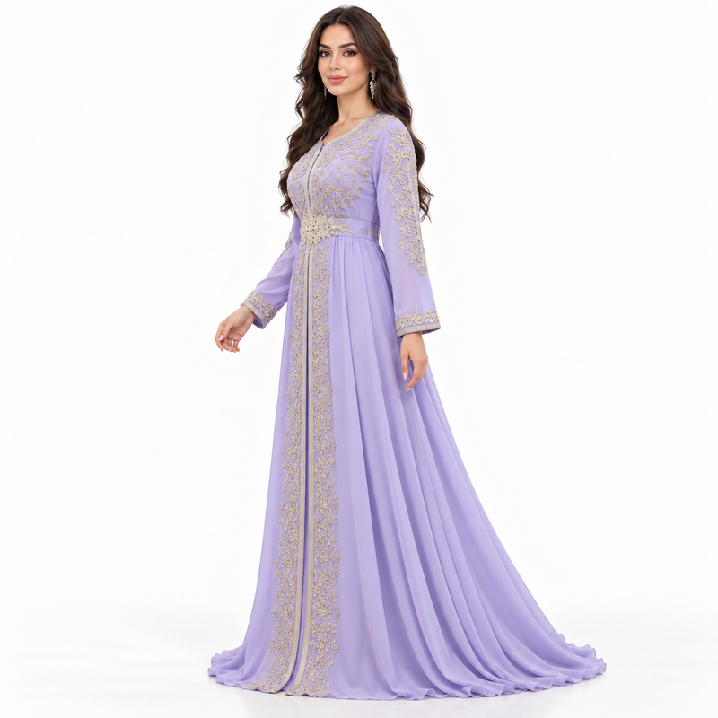 Purple Gold Embroidered Luxury Moroccan Kaftan-2