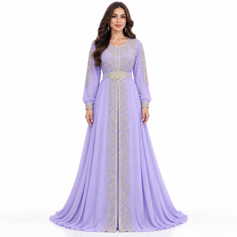 Purple Gold Embroidered Luxury Moroccan Kaftan-1