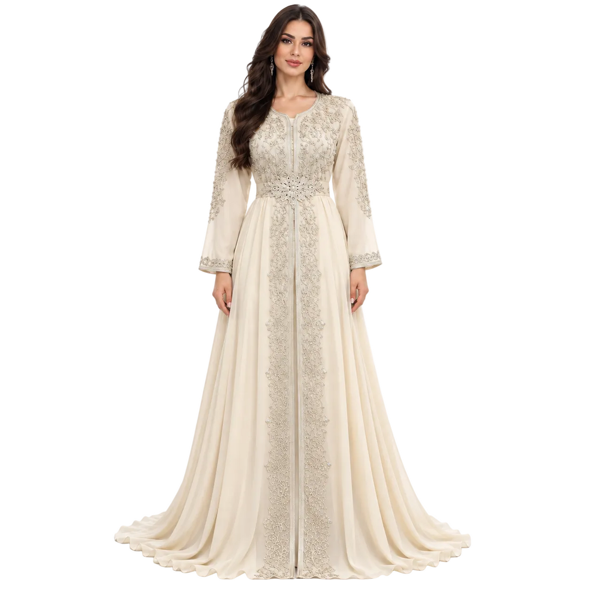 Champagne Embroidered Luxury Moroccan Kaftan Dress-1