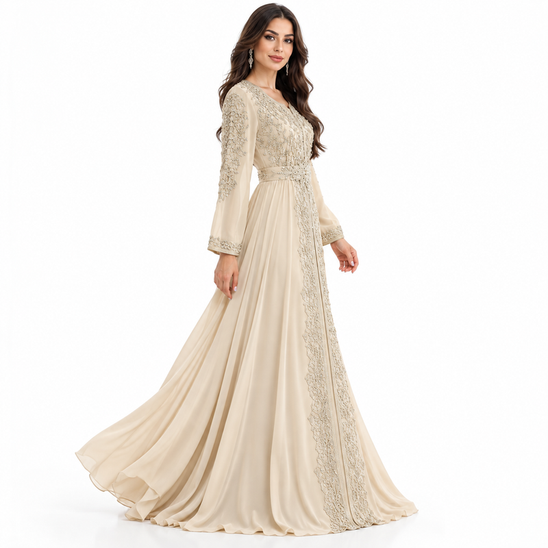Champagne Embroidered Luxury Moroccan Kaftan Dress-3