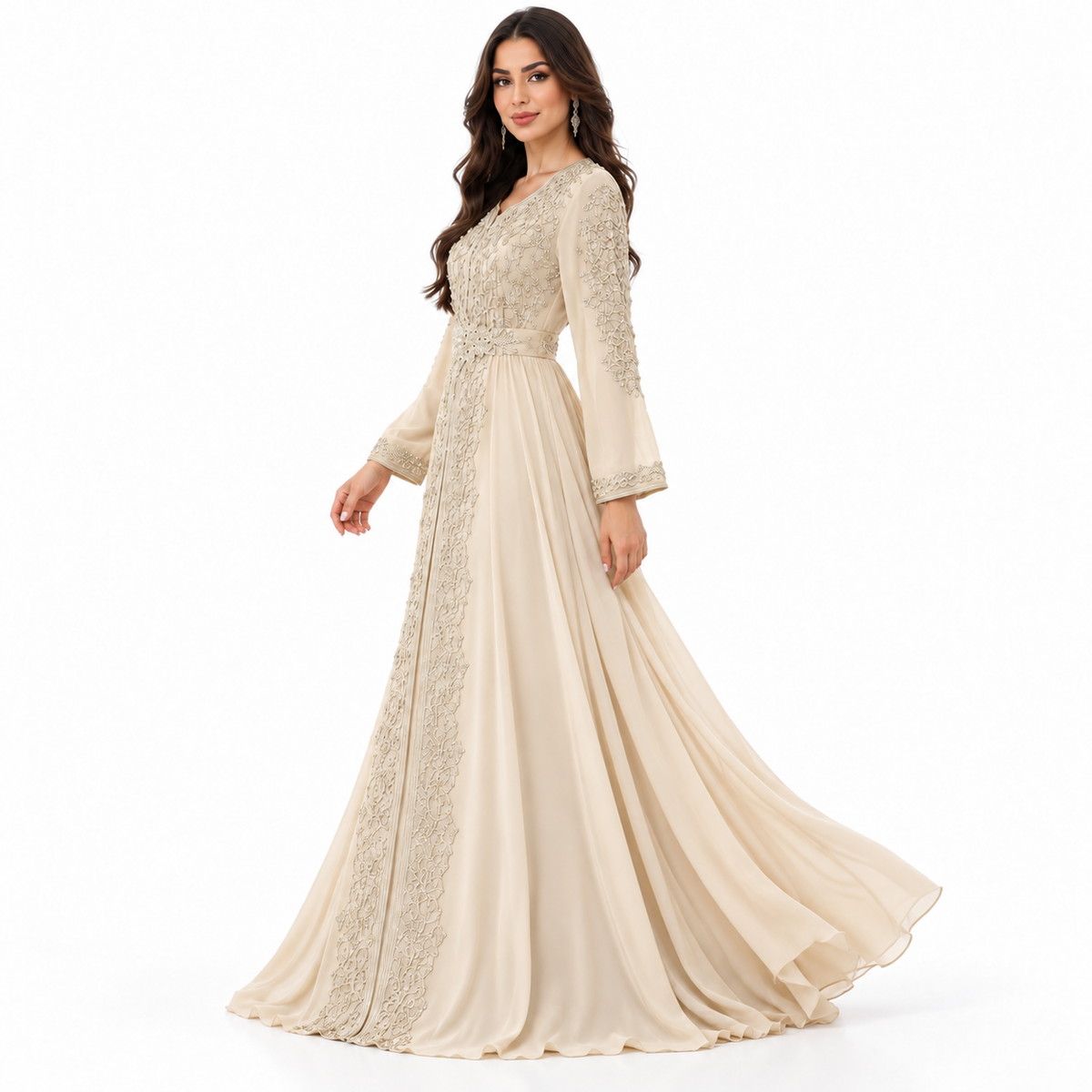 Champagne Embroidered Luxury Moroccan Kaftan Dress-2
