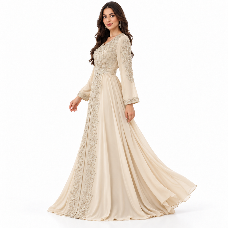 Champagne Embroidered Luxury Moroccan Kaftan Dress-2
