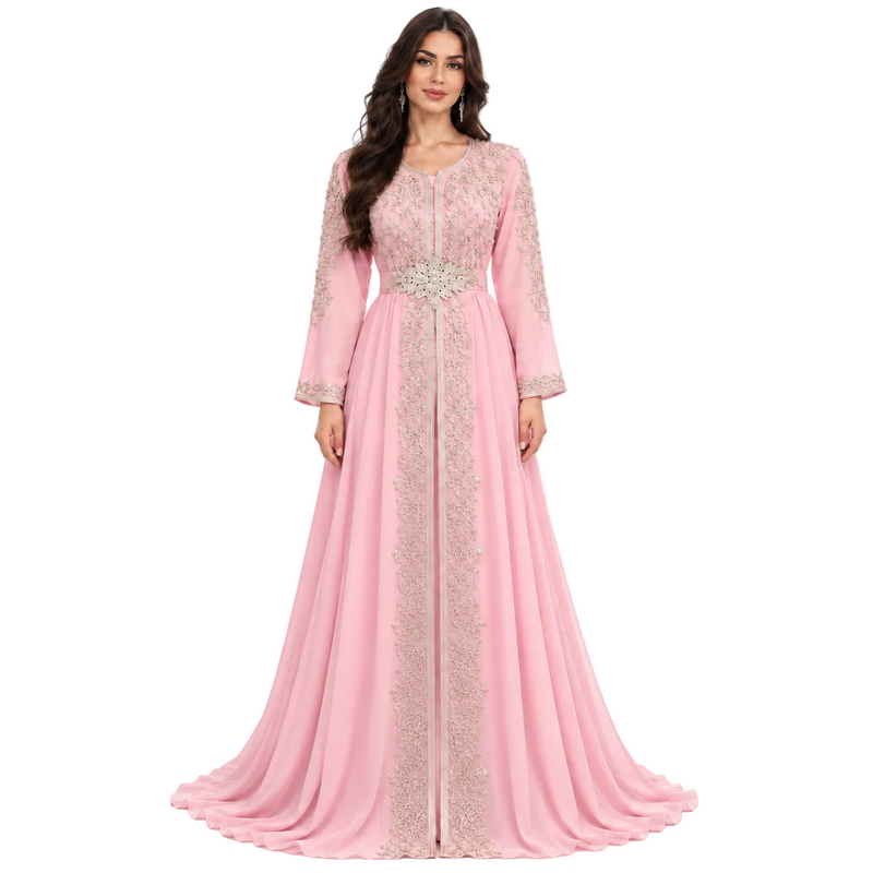 Pink Gold Embroidered Luxury Moroccan Kaftan-1