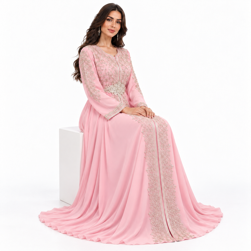 Pink Gold Embroidered Luxury Moroccan Kaftan-3